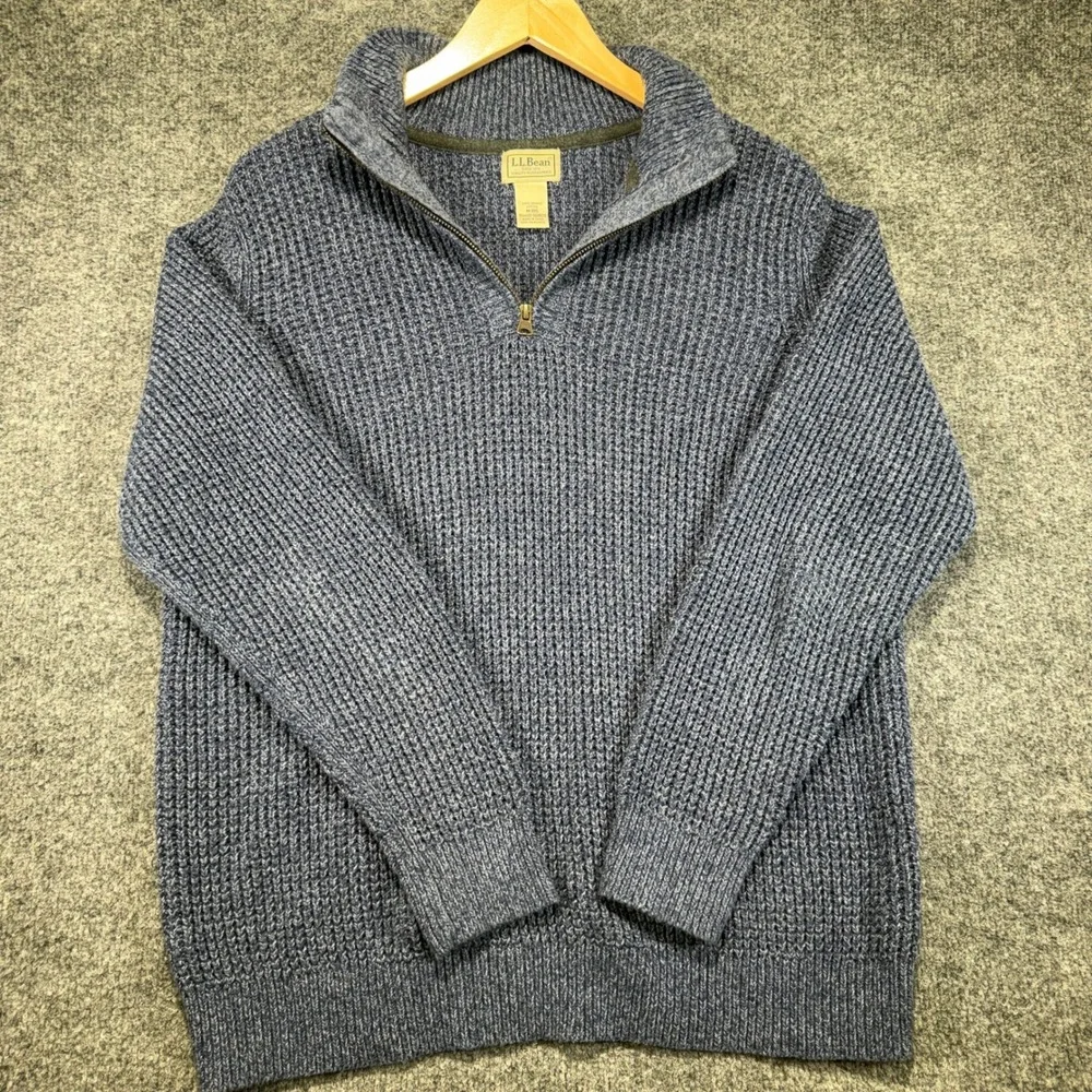 L.L. Bean Waffle Knit 1/4 Zip Sweater Men Medium Blue Marled Chunky Cotton Blend